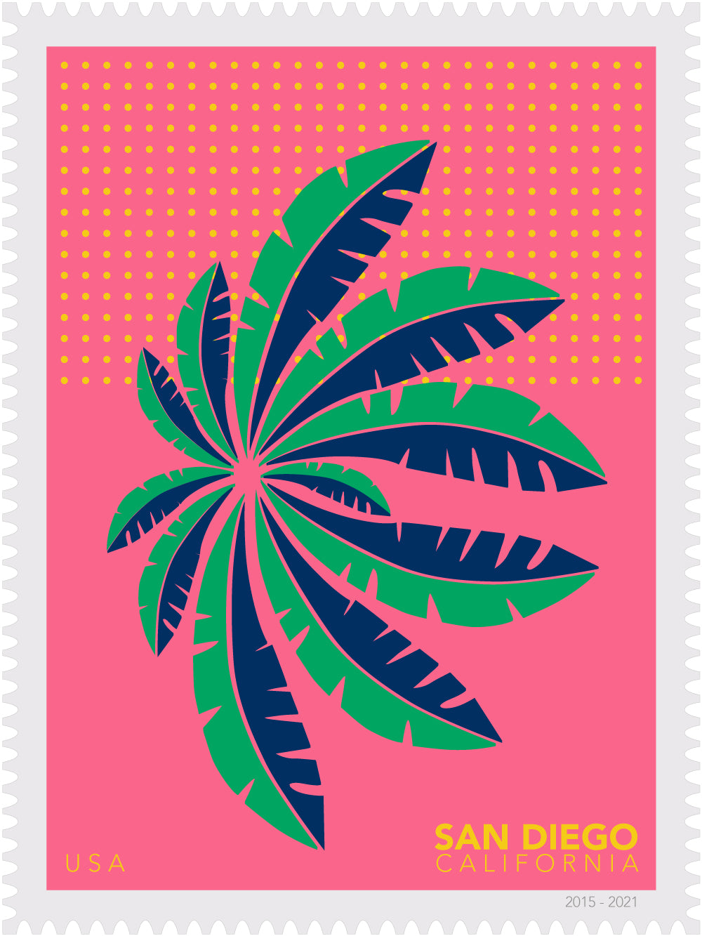 Postage stamp with palm tree design and 'San Diego, California' text on a pink background