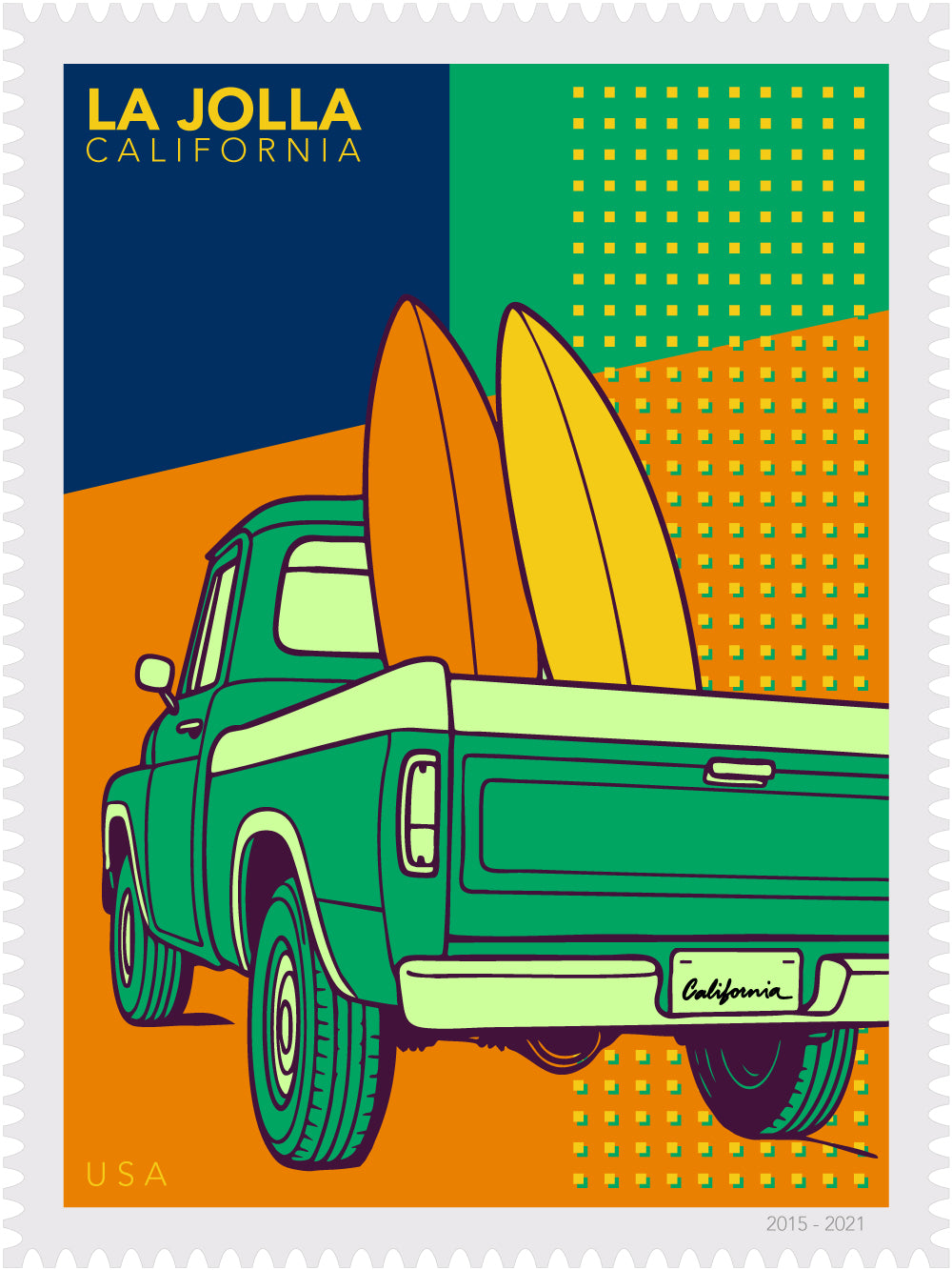 Illustration of a green truck with surfboards in the back, set against a colorful geometric background with 'La Jolla, California' text.