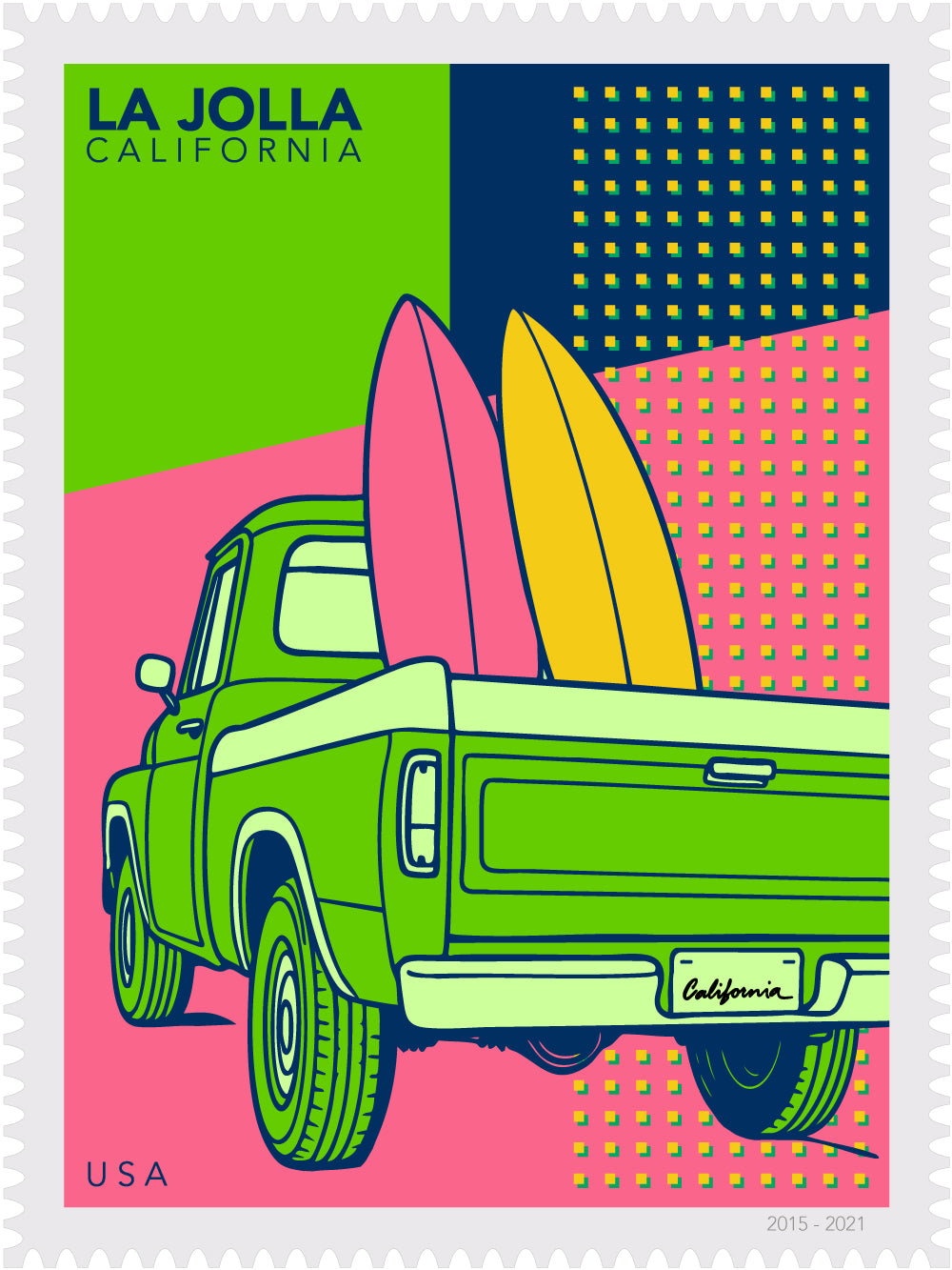 Stylized illustration of a green truck with surfboards on a colorful background, featuring 'La Jolla California' text.