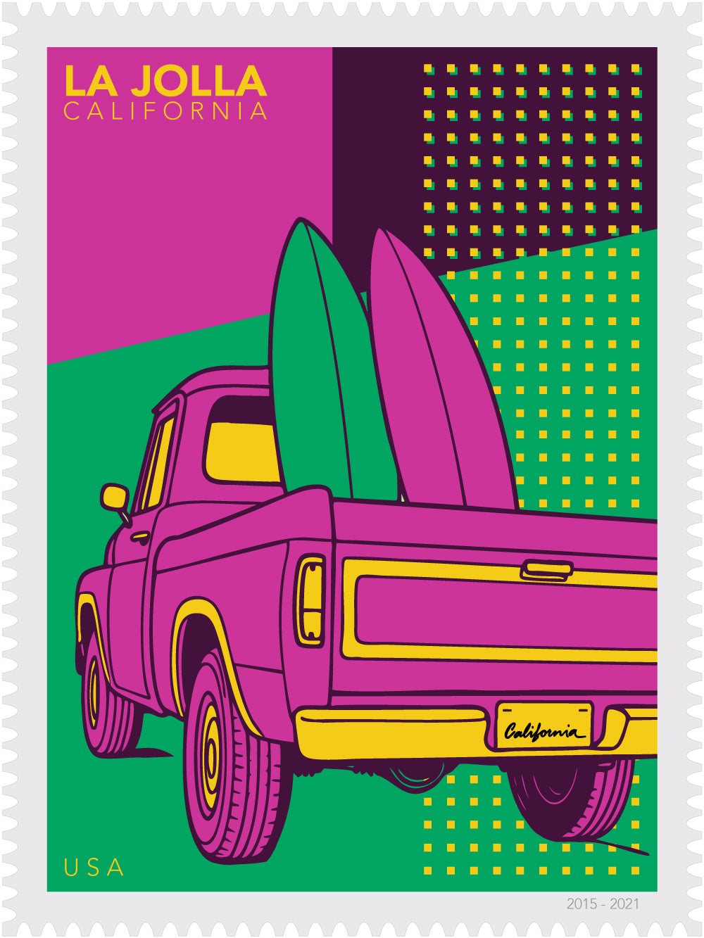 Illustration of a pink truck with surfboards on a colorful background, featuring 'La Jolla, California' text.