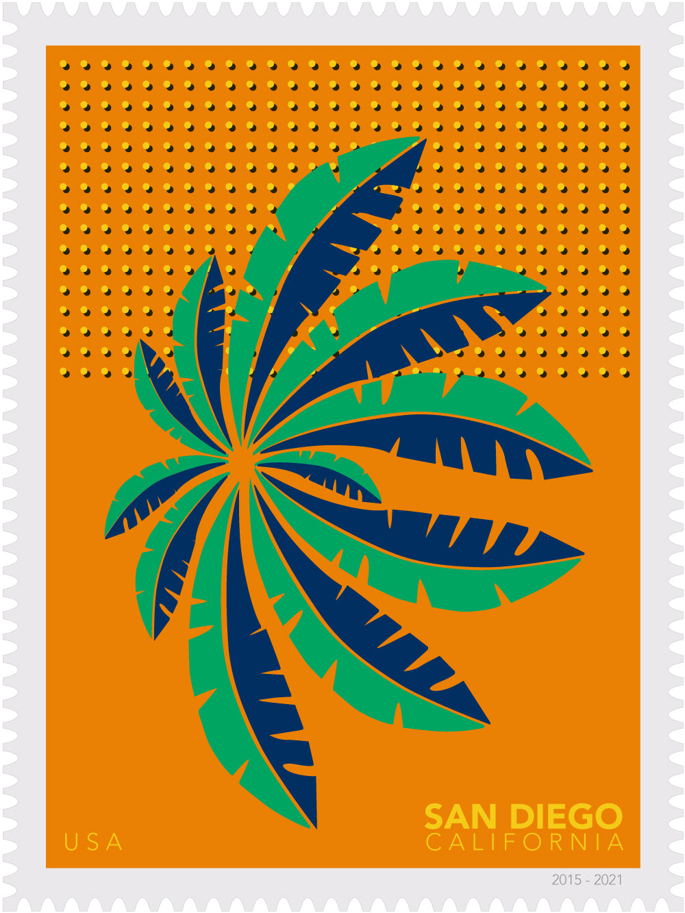 Illustration stamp of green and blue palm leaves on an orange background