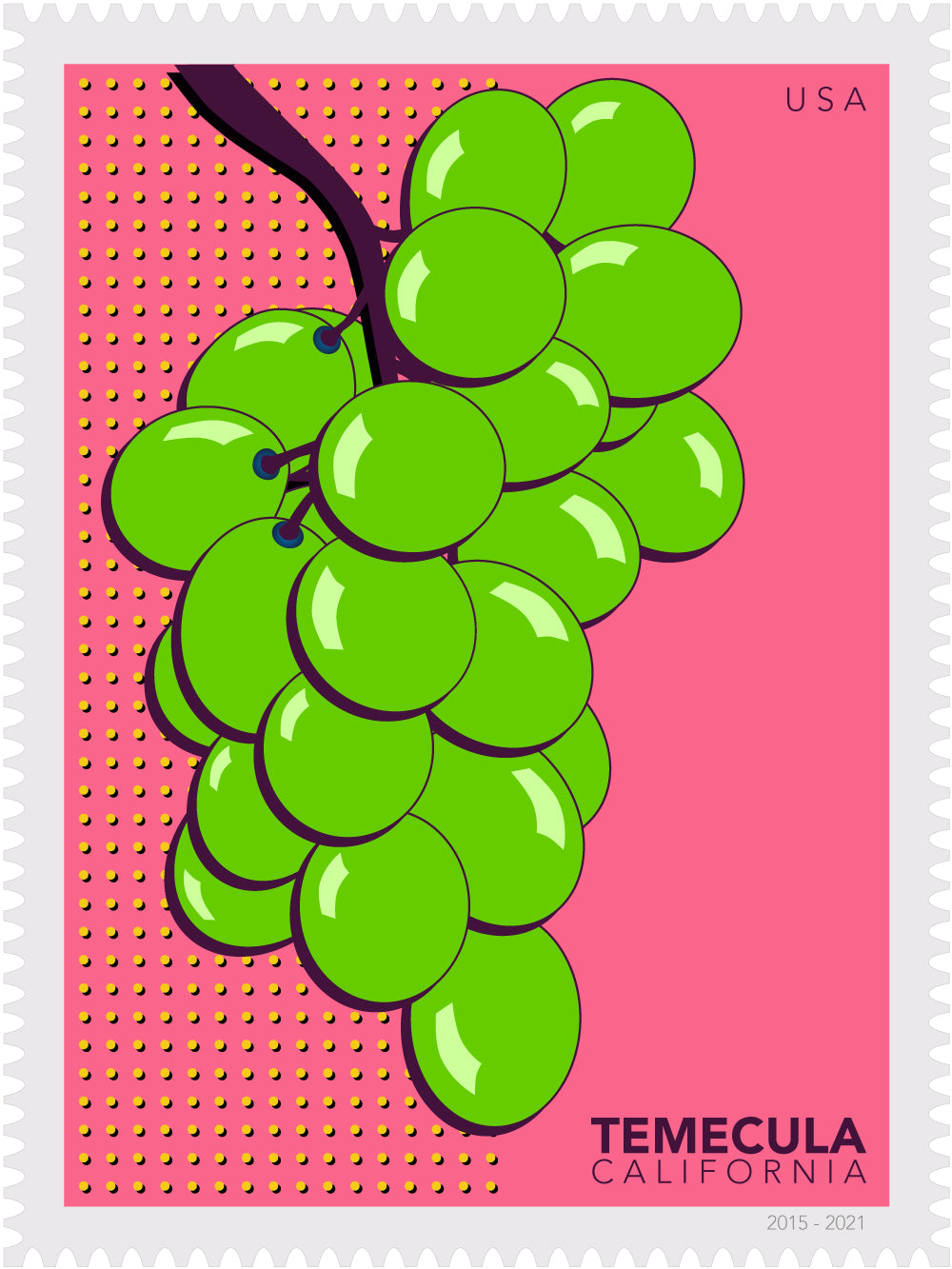 Illustration of green grapes stamp on a pink background with 'Temecula California' text.