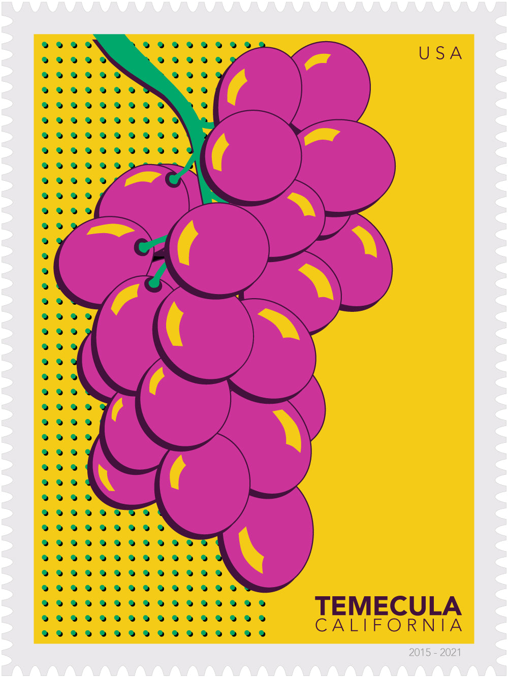 Stylized illustration stamp of grapes on a yellow background with 'Temeula California' text.