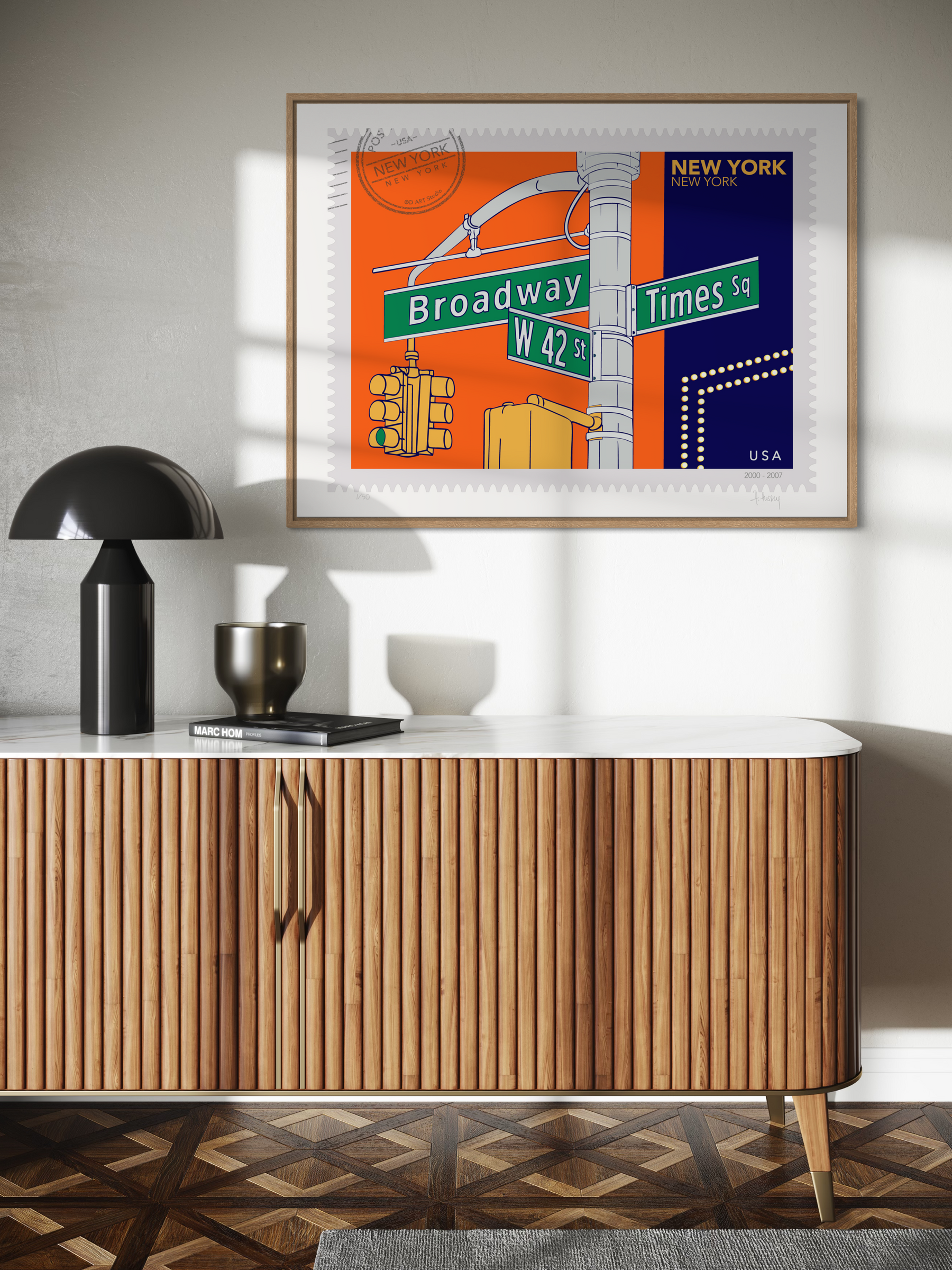 New York City inspired large postage stamp art gramed on the wall