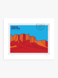 D ART Studio large postage stamp drawing of Lost Dutchman State Park with red rock formations on a blue sky background.