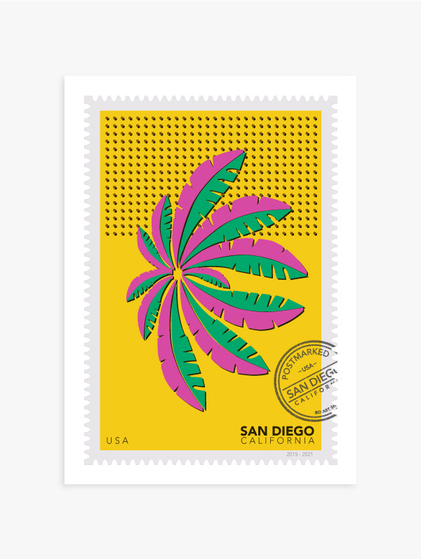 Greeting card with an envelope: a drawing of a green and pink San Diego palm in Mission Bay swaying against a bright yellow sky. The drawing is like a large postage stamp with a postmark and includes words San Diego, California. Ana Hussey art. 
