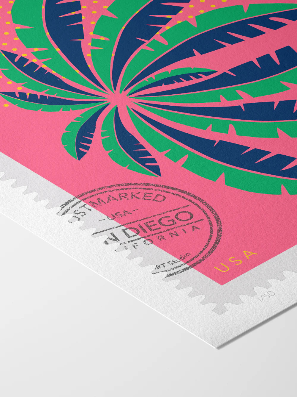 A drawing of a green San Diego palm in Mission Bay swaying against a bright pink sky. The drawing is like a large postage-stamp with postmark and includes words San Diego, California. Close up. Ana Hussey art.