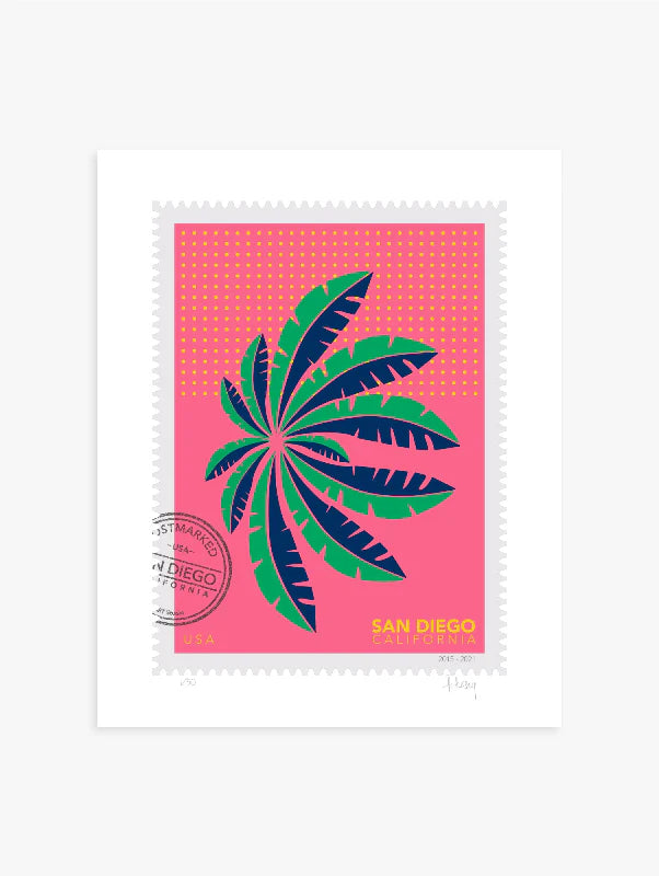 A drawing of a green San Diego palm in Mission Bay swaying against a bright pink sky. The drawing is like a large postage-stamp with postmark and includes words San Diego, California.  Ana Hussey art.