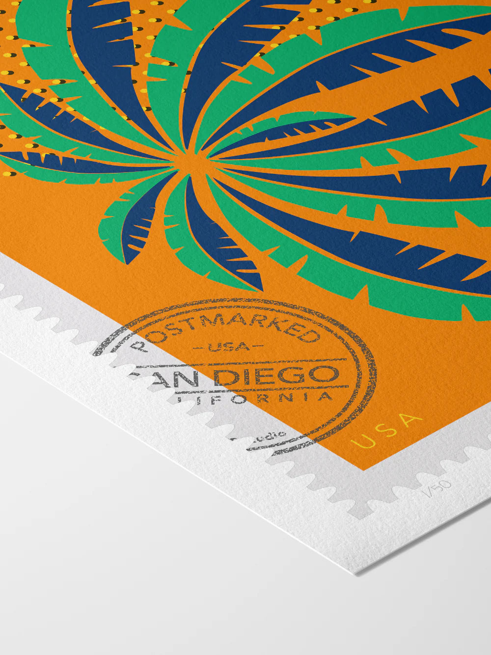 A drawing of a green and blue San Diego palm in Mission Bay swaying against a bright orange sky. The drawing is like a large postage-stamp with postmark and includes words San Diego, California. Close up. Ana Hussey art.