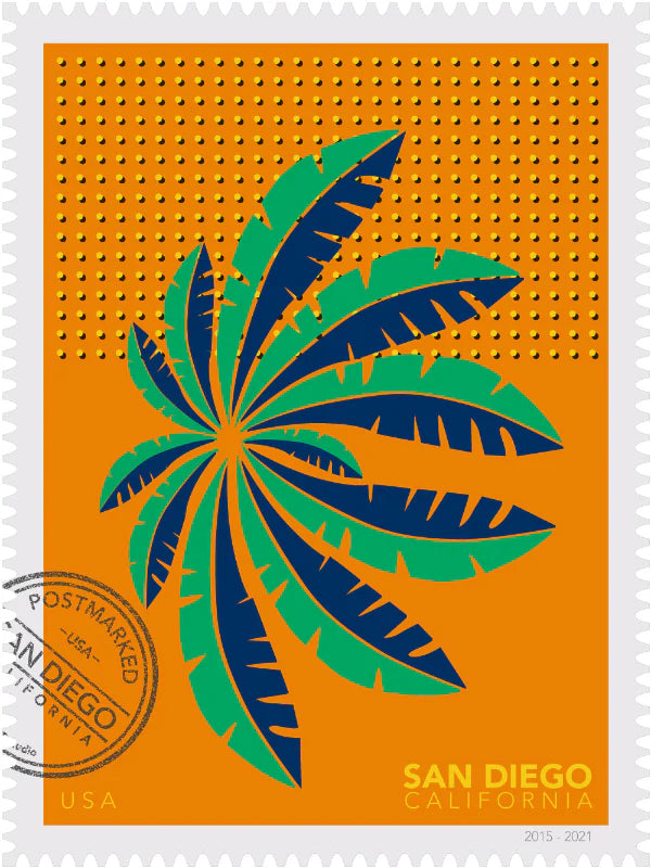 A drawing of a green and blue San Diego palm in Mission Bay swaying against a bright orange sky. The drawing is like a large postage-stamp with postmark and includes words San Diego, California. Ana Hussey art.