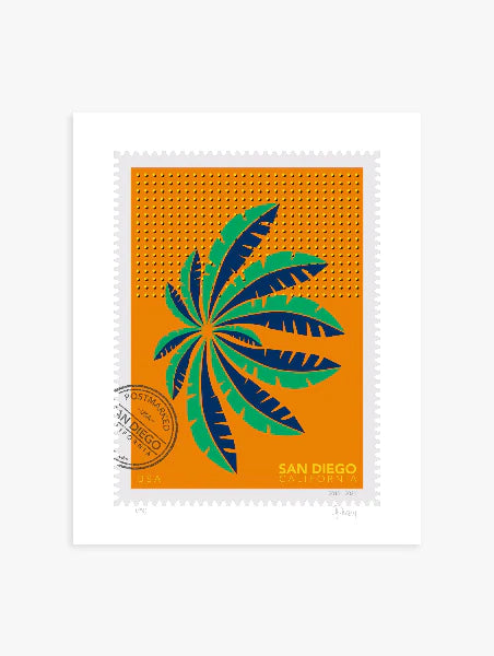 A drawing of a green and blue San Diego palm in Mission Bay swaying against a bright orange sky. The drawing is like a large postage-stamp with postmark and includes words San Diego, California.  Ana Hussey art.