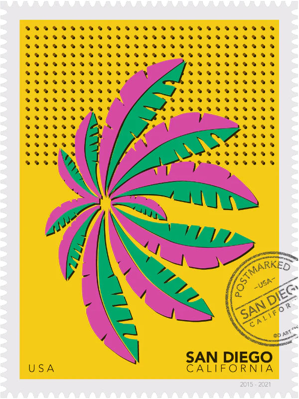 A drawing of a green and blue San Diego palm in Mission Bay swaying against a bright yellow sky. The drawing is like a large postage stamp with a postmark and includes words San Diego, California. Ana Hussey art.