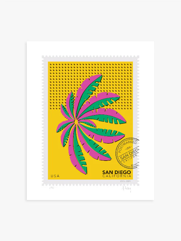A drawing of a green and blue San Diego palm in Mission Bay swaying against a bright yellow sky. The drawing is like a large postage stamp with a postmark and includes words San Diego, California. Ana Hussey art.