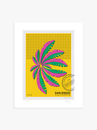 A drawing of a green and blue San Diego palm in Mission Bay swaying against a bright yellow sky. The drawing is like a large postage stamp with a postmark and includes words San Diego, California. Ana Hussey art.