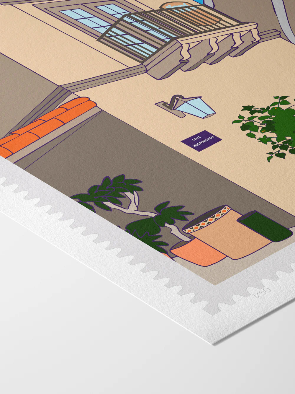 A large postage-stamp style drawing of Sedona showing the charming streets of Tlaquepaque Art Village. Sunlight spills across sandstone arches and terracotta walls, potted flowers in the corners. Includes words Sedona, Arizona and it is postmarked. Close up image. Ana Hussey art.