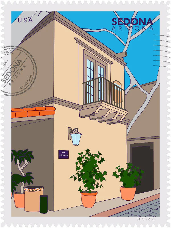 A large postage-stamp style drawing of Sedona showing the charming streets of Tlaquepaque Art Village. Sunlight spills across sandstone arches and terracotta walls, potted flowers in the corners. Includes words Sedona, Arizona and it is postmarked. Ana Hussey art.