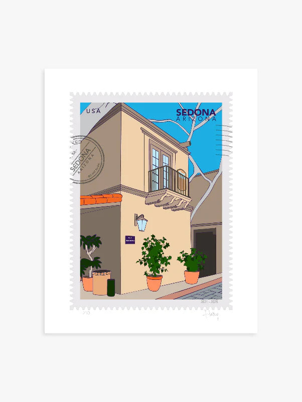 A large postage-stamp style drawing of Sedona showing the charming streets of Tlaquepaque Art Village. Sunlight spills across sandstone arches and terracotta walls, potted flowers in the corners. Includes words Sedona, Arizona and it is postmarked. Ana Hussey art.