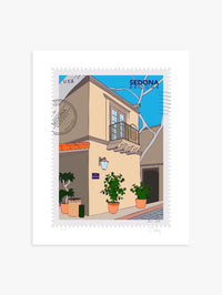 A large postage-stamp style drawing of Sedona showing the charming streets of Tlaquepaque Art Village. Sunlight spills across sandstone arches and terracotta walls, potted flowers in the corners. Includes words Sedona, Arizona and it is postmarked. Ana Hussey art.