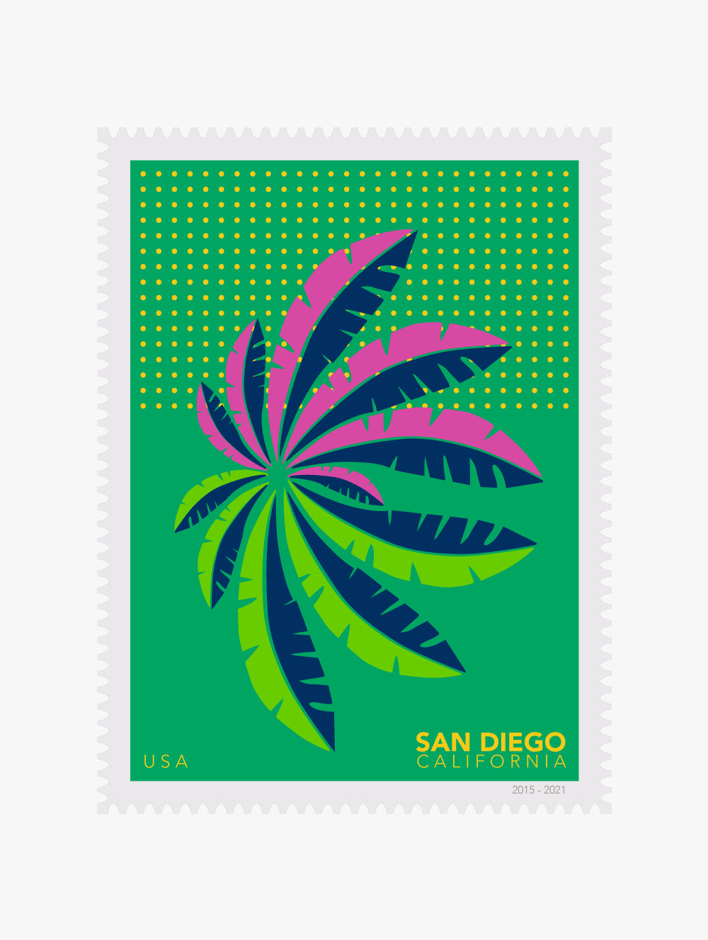 Postage stamp with a palm tree design and 'San Diego, California' text on a green background