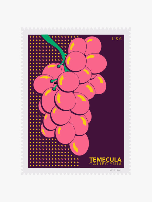 Stylized illustration stamp of grapes on a purple background with 'Temecula California' text.
