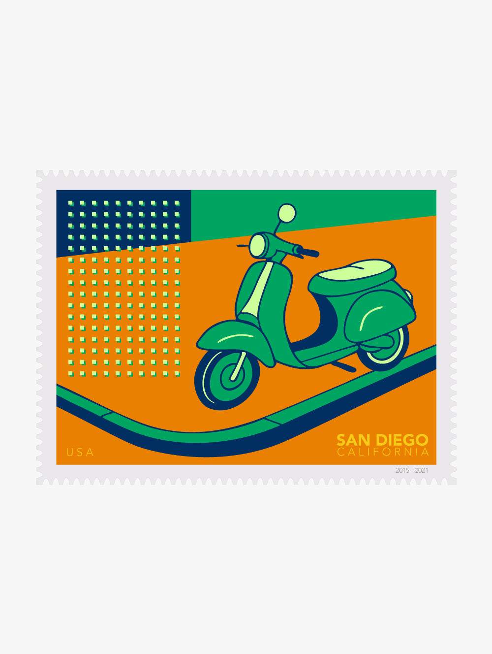 Stylized illustration stamp of a green scooter on an orange background with 'San Diego, California' text.