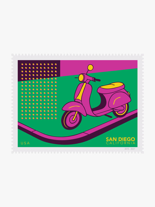 Colorful illustration stamp of a pink scooter on a green background with purple accents