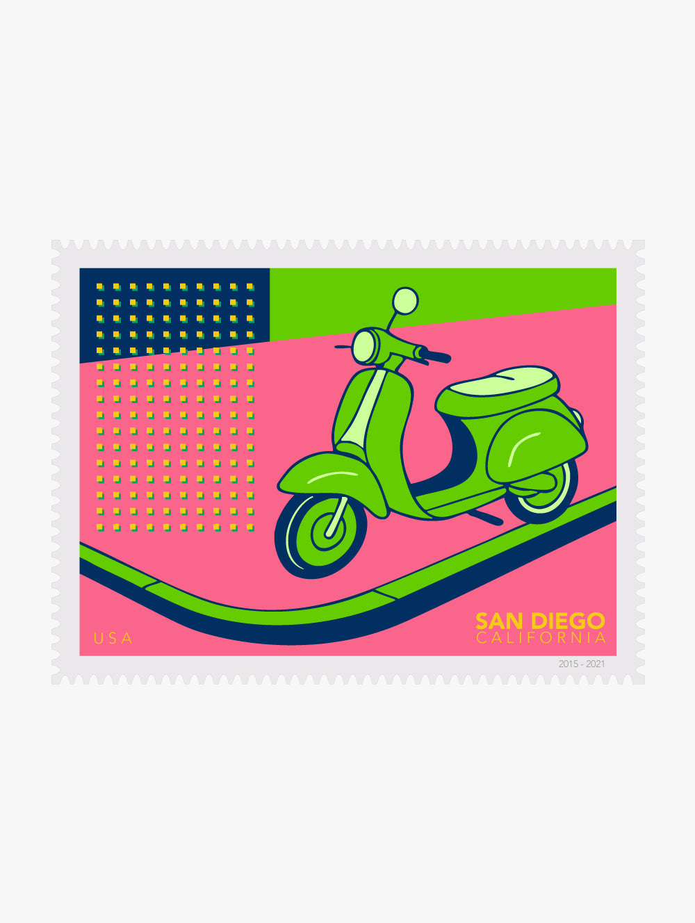 Stylized illustration stamp of a green scooter on a pink background with 'San Diego' text.