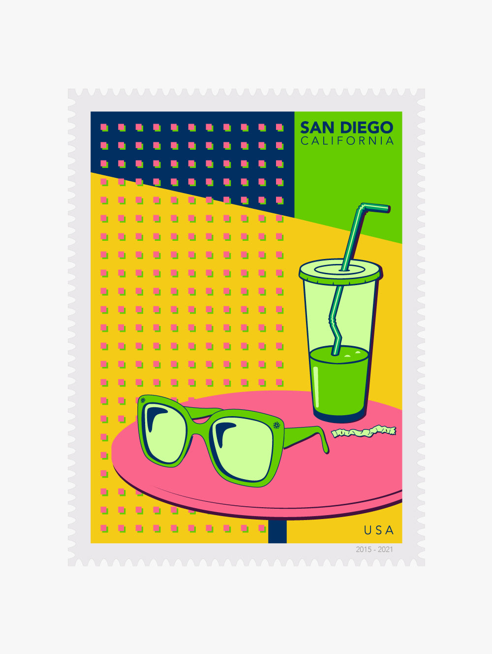 Colorful postage stamp illustration of sunglasses and a drink on a table with 'San Diego, California' text.