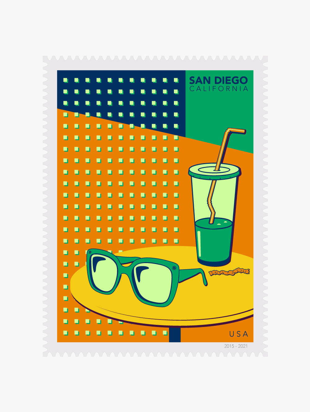 Illustration postage stamp of sunglasses and a drink on a table with 'San Diego, California' text on a colorful background.