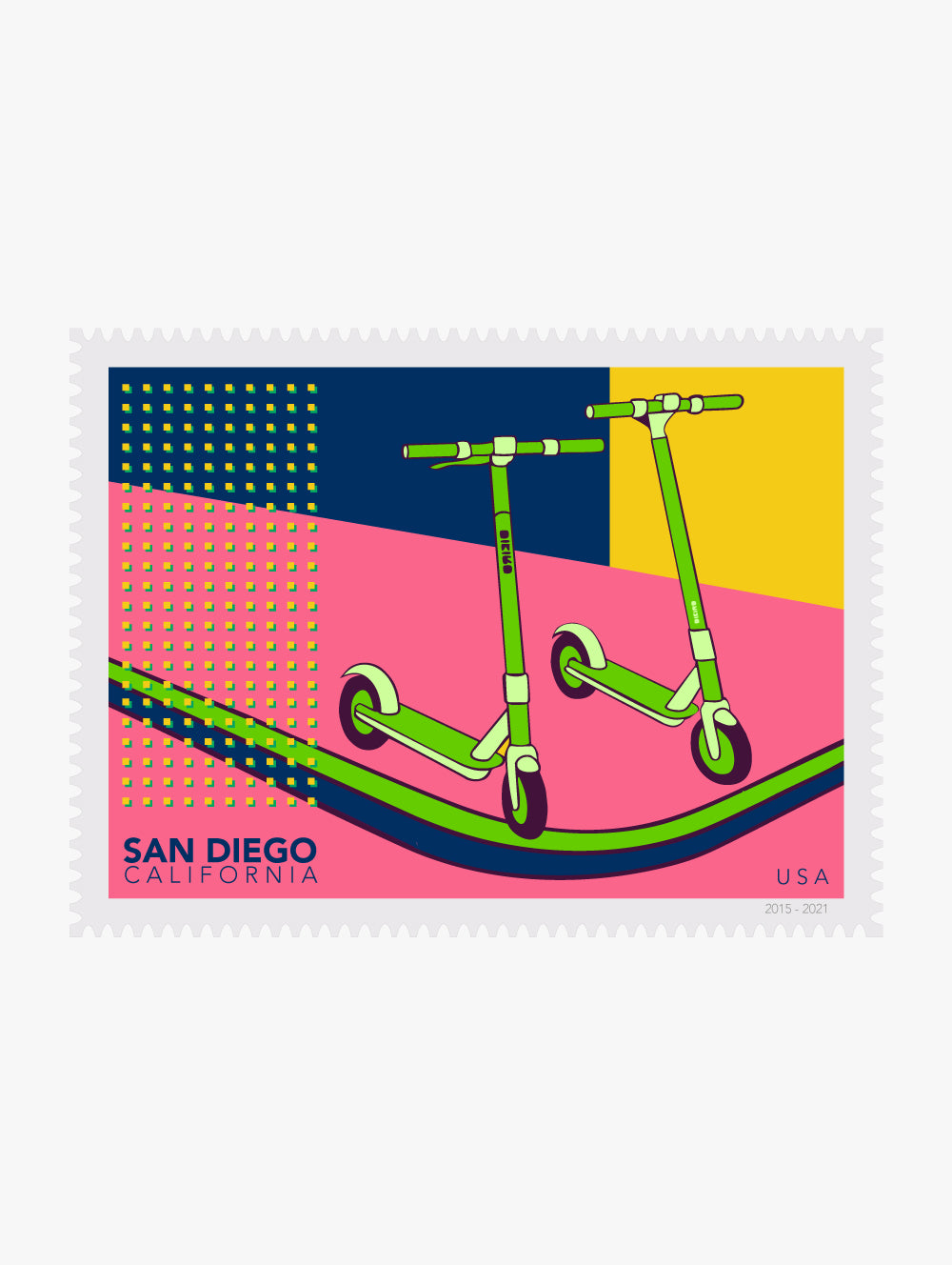 Colorful stamp with two green scooters on a pink and blue background, featuring 'San Diego California' text.