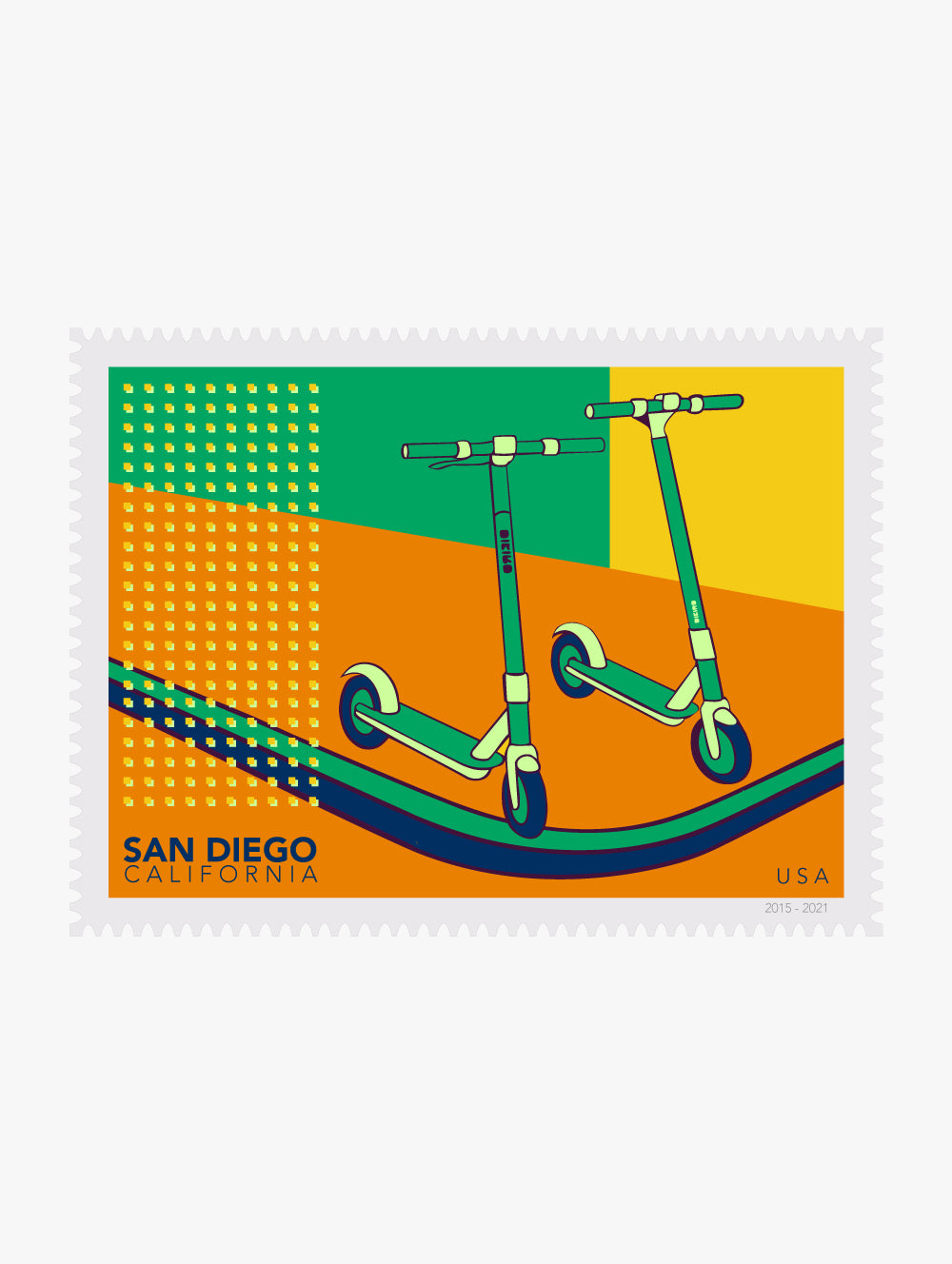Stylized illustration of scooters on a colorful background with 'San Diego, California' text.