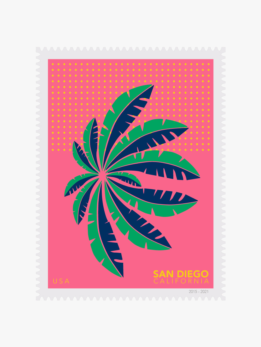 Postage stamp with palm leaf design and 'San Diego, California' text on a pink background