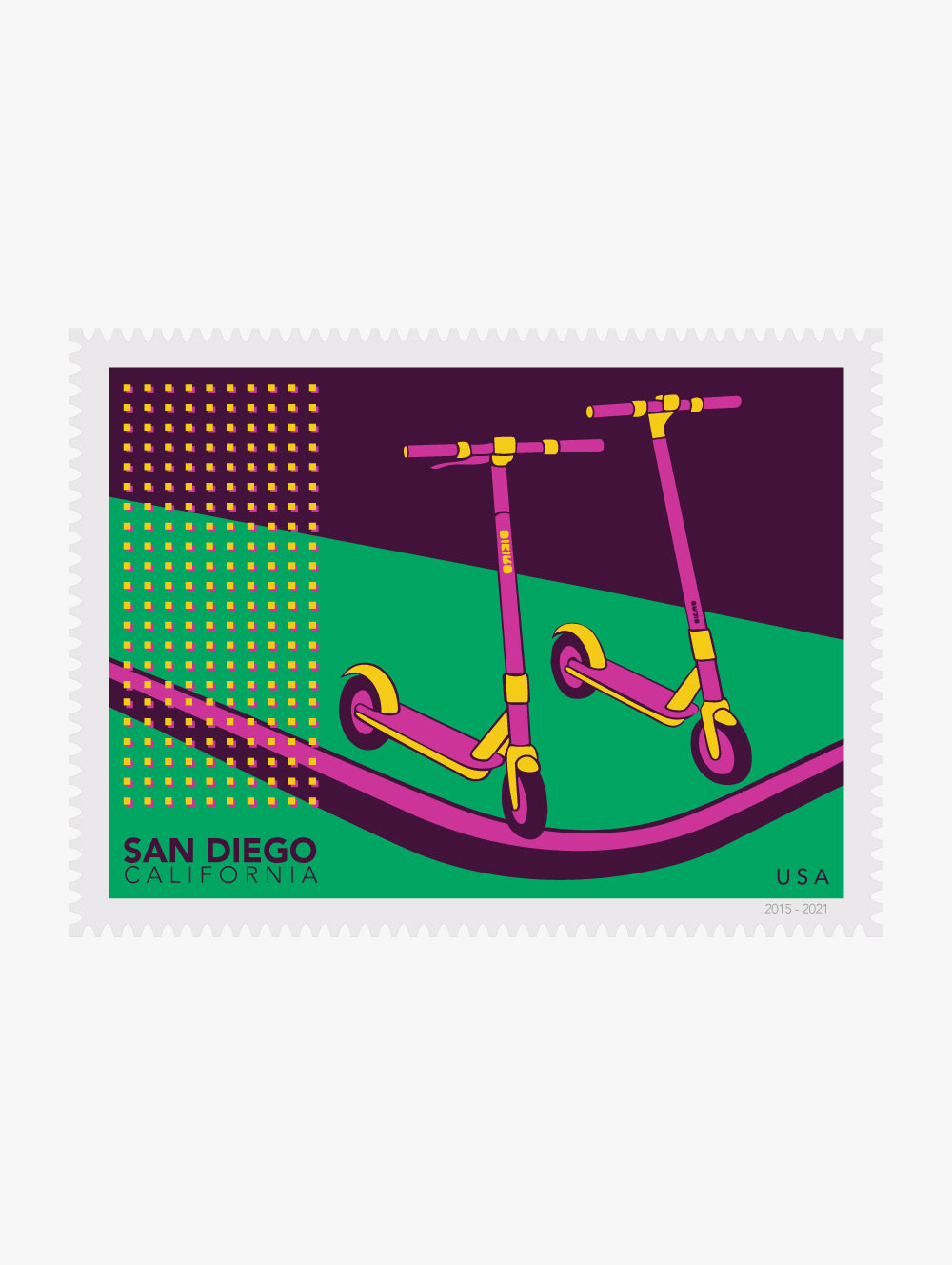Illustration of two pink scooters on a green and purple background with 'San Diego, California' text.