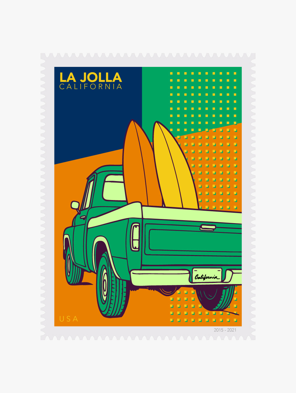 Illustration of a green truck with surfboards on an orange and blue background, featuring 'La Jolla California' text.