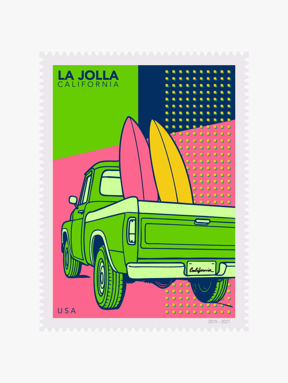 Colorful stamp with a green truck and surfboards, featuring 'La Jolla, California' text.