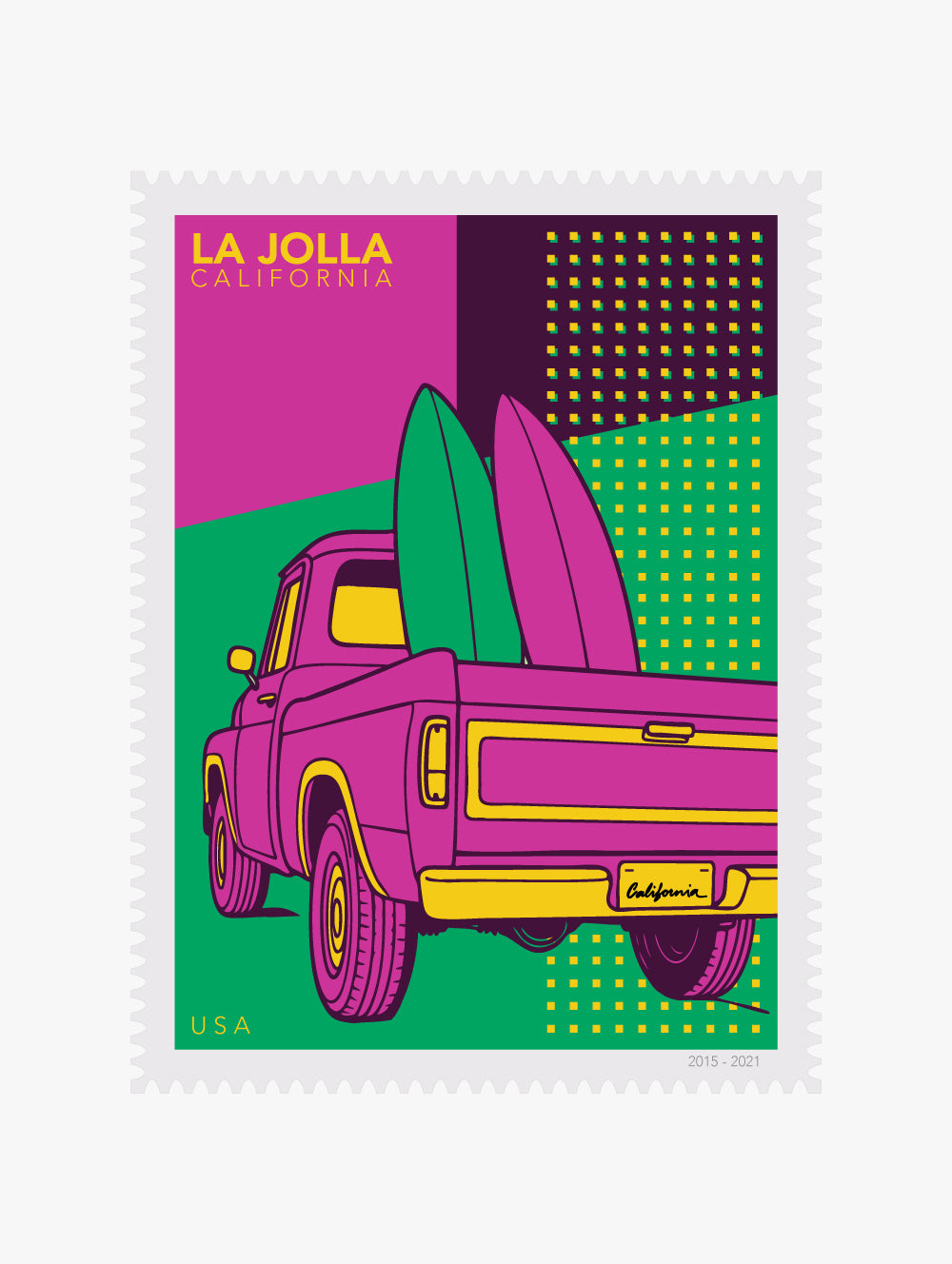 Colorful stamp illustration of a pink truck with surfboards on a green and purple background, featuring 'La Jolla California' text.