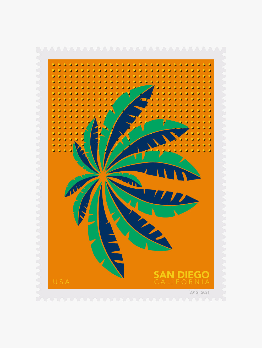 Palm tree stamp design on an orange background with 'San Diego, California' text