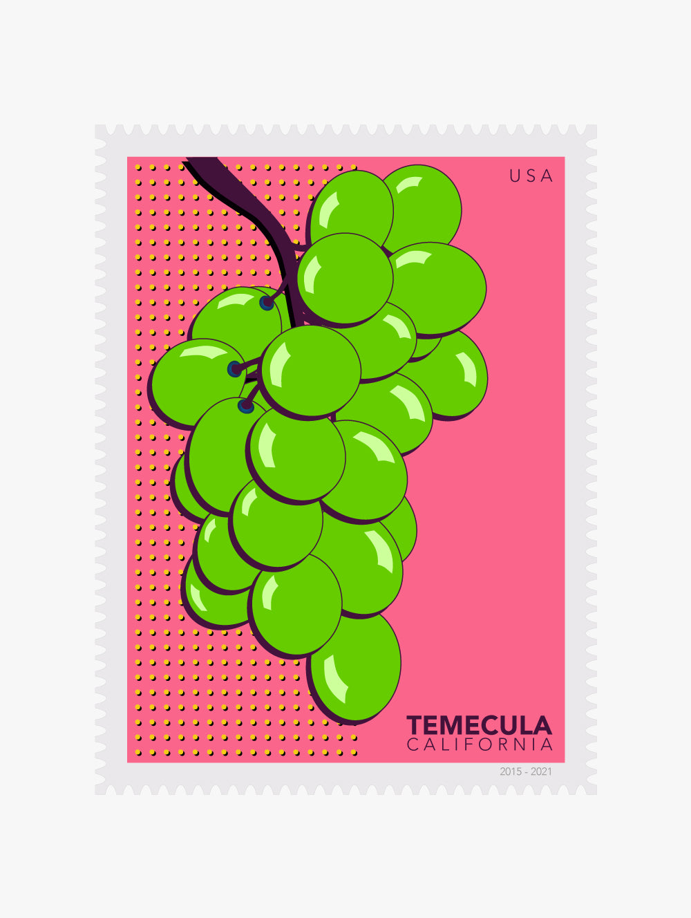 Stylized illustration stamp of green grapes on a pink background with 'Temecula California' text.
