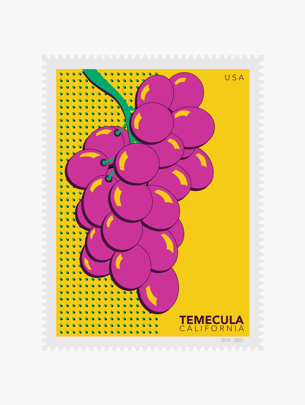 Stylized illustration stamp of grapes on a yellow background with 'Temecula California' text.