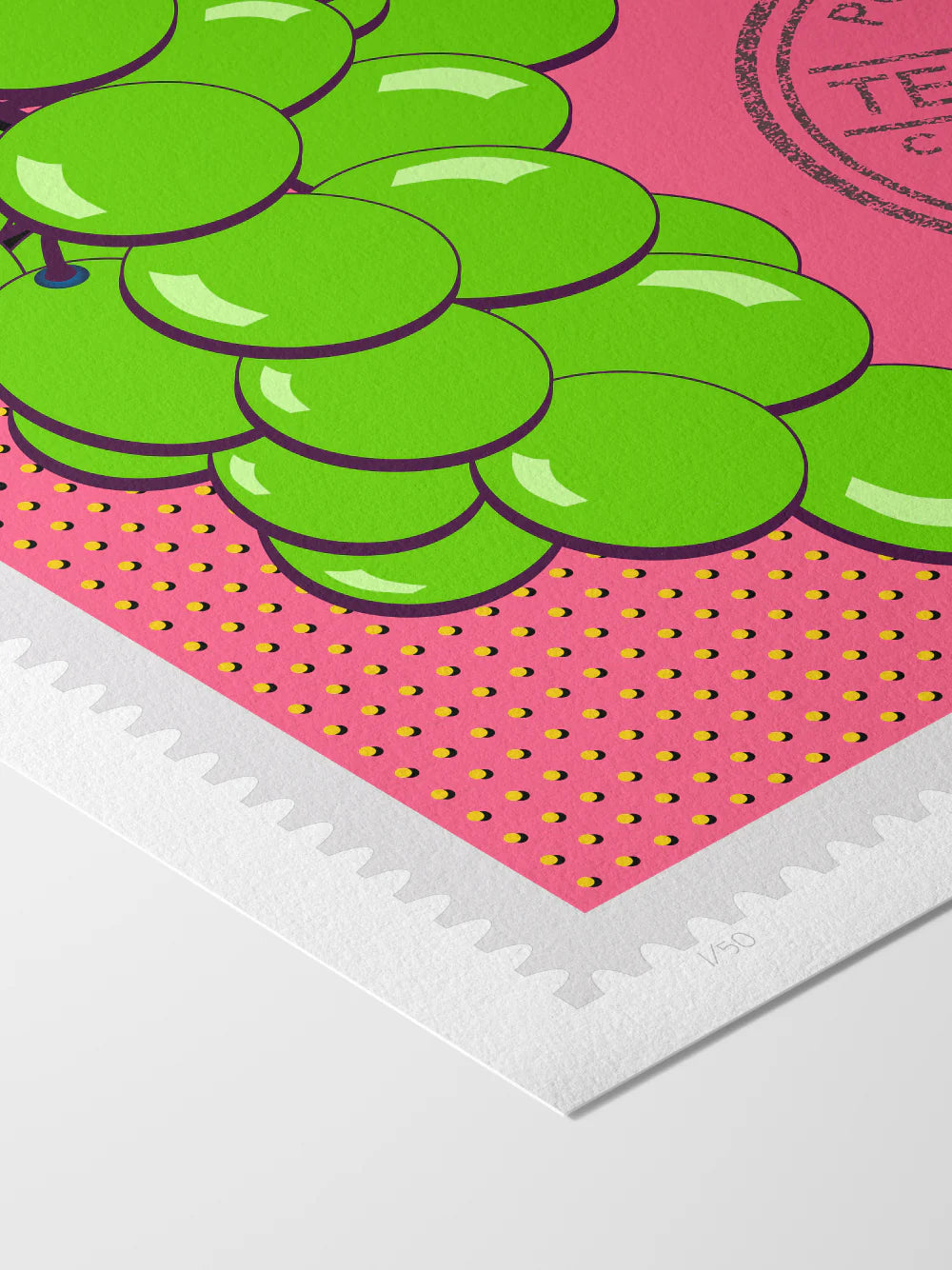 A drawing of green Temecula grapes against a bright pink background. The drawing is like a large postage stamp with a postmark and includes words Temecula, California. Close up. Ana Hussey art.