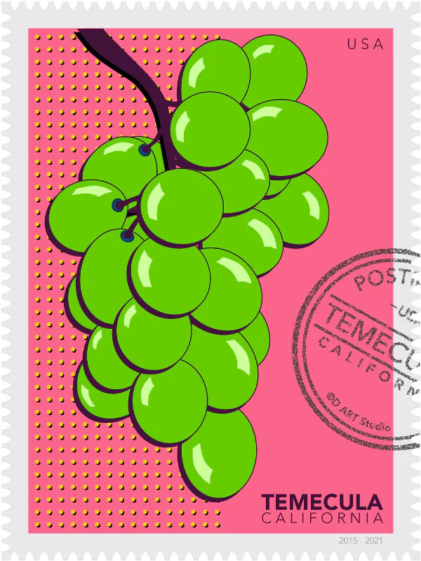 A drawing of a green Temecula grapes against a bright pink background. The drawing is like a large postage stamp with a postmark and includes words Temecula, California. Ana Hussey art.