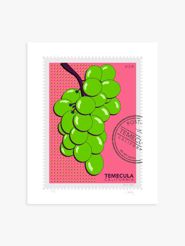 A drawing of a green Temecula grapes against a bright pink background. The drawing is like a large postage stamp with a postmark and includes words Temecula, California. Ana Hussey art.