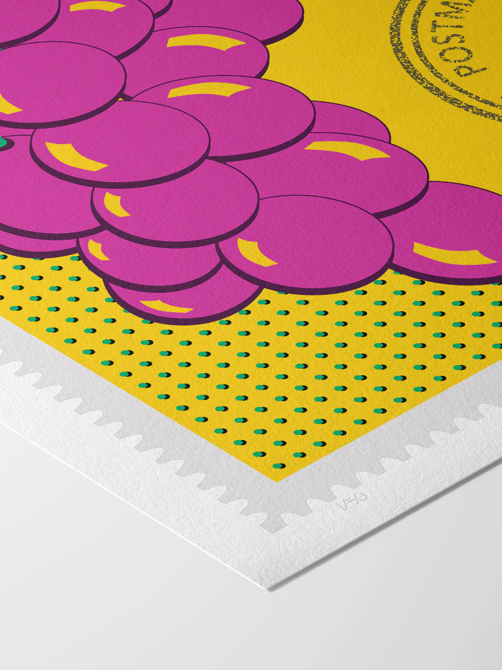 A drawing of pink Temecula grapes against a bright yellow background. The drawing is like a large postage stamp with a postmark that includes the words Temecula, California. Close up. Ana Hussey art.
