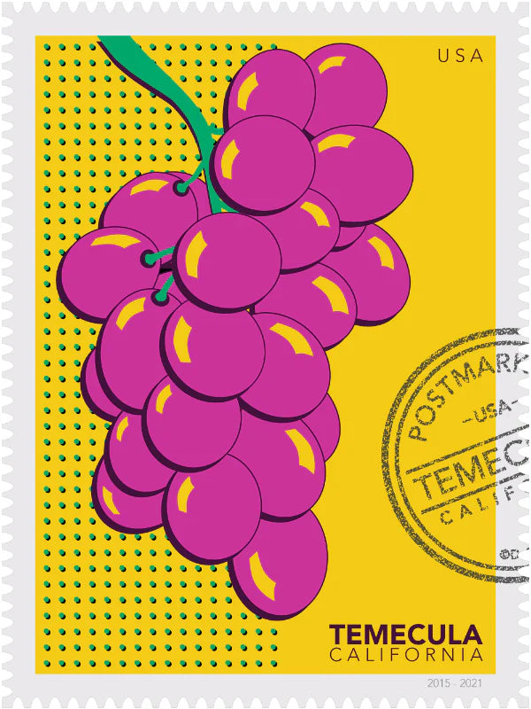 A drawing of pink Temecula grapes against a bright yellow background. The drawing is like a large postage stamp with a postmark that includes the words Temecula, California. Ana Hussey art.