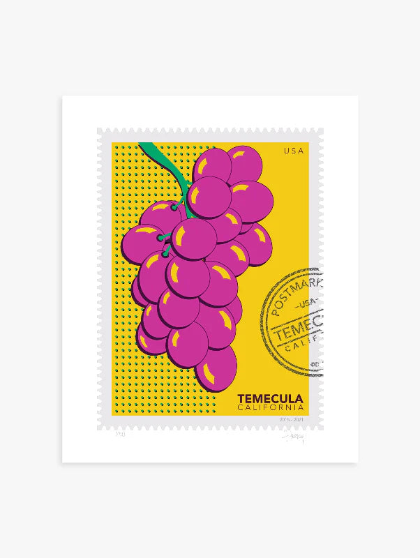 A drawing of pink Temecula grapes against a bright yellow background. The drawing is like a large postage stamp with a postmark that includes the words Temecula, California. Ana Hussey art.