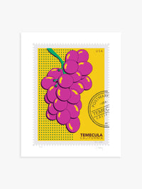 A drawing of pink Temecula grapes against a bright yellow background. The drawing is like a large postage stamp with a postmark that includes the words Temecula, California. Ana Hussey art.