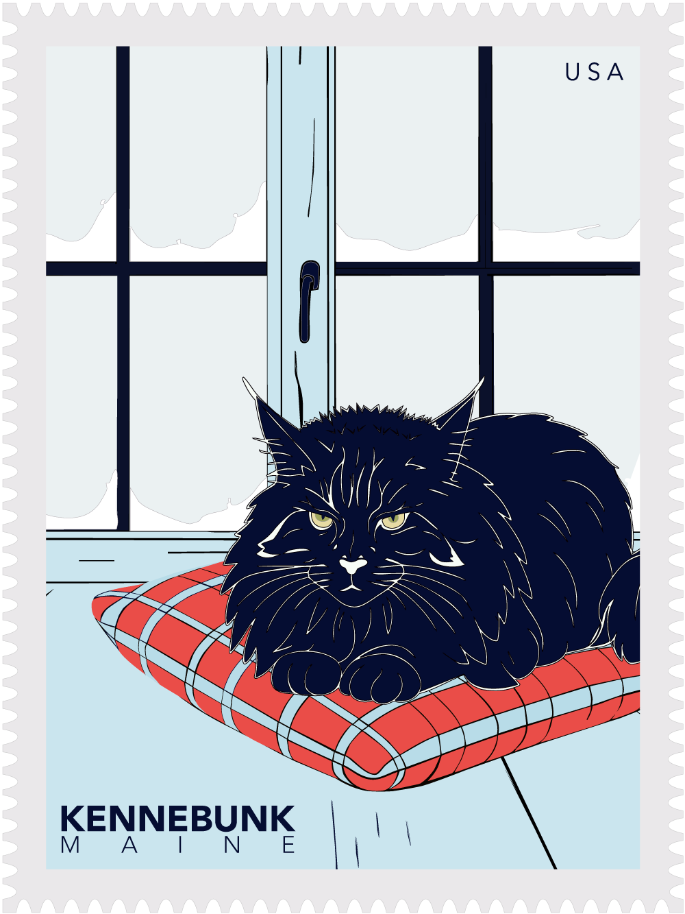 Postage stamp Illustration of a black cat on a red cushion with 'Kennebunk, Maine' text on a white background