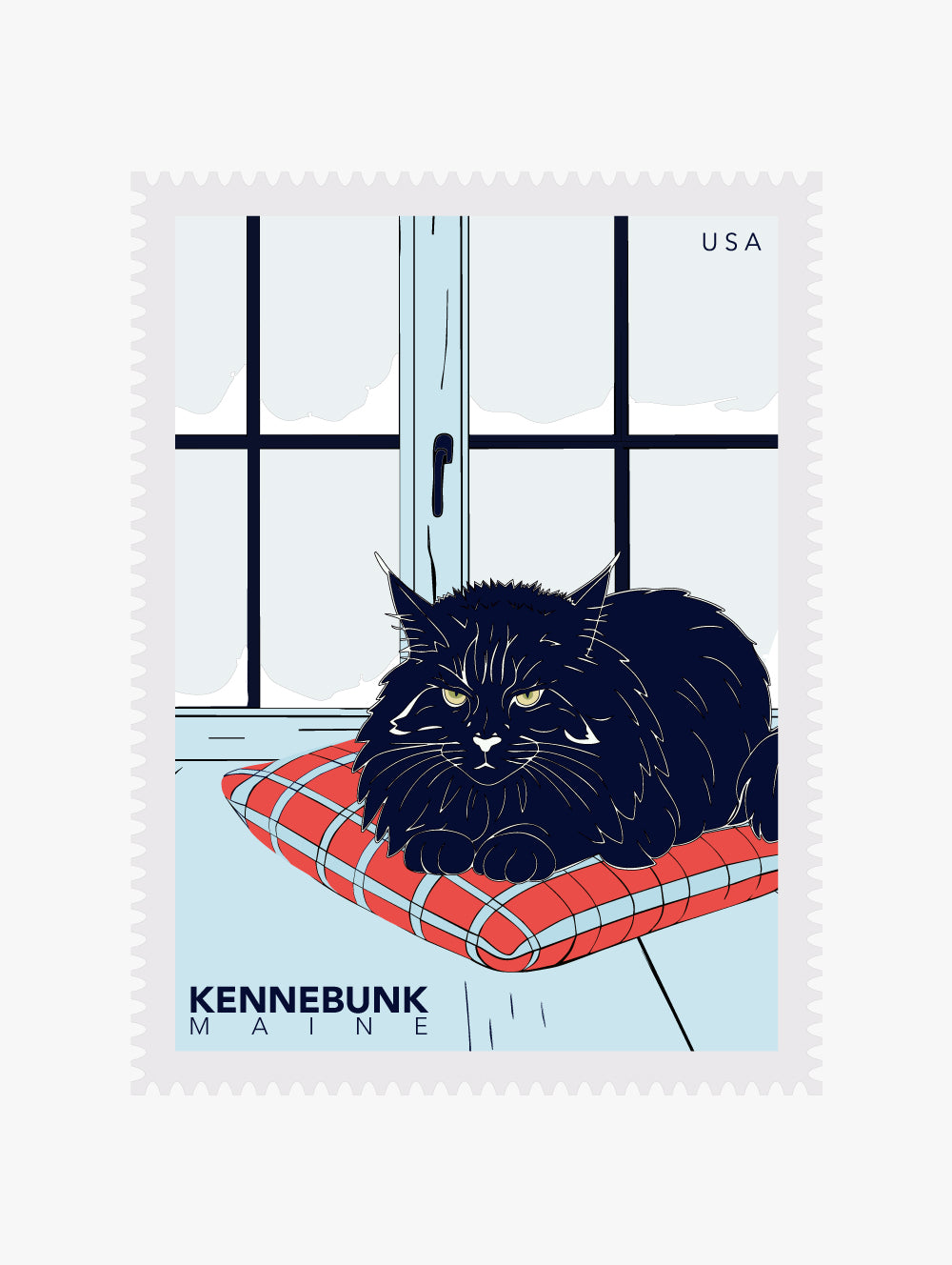 Stylized postage stamp with a black cat on a red cushion, featuring the text 'Kennebunk, Maine' and 'USA'.