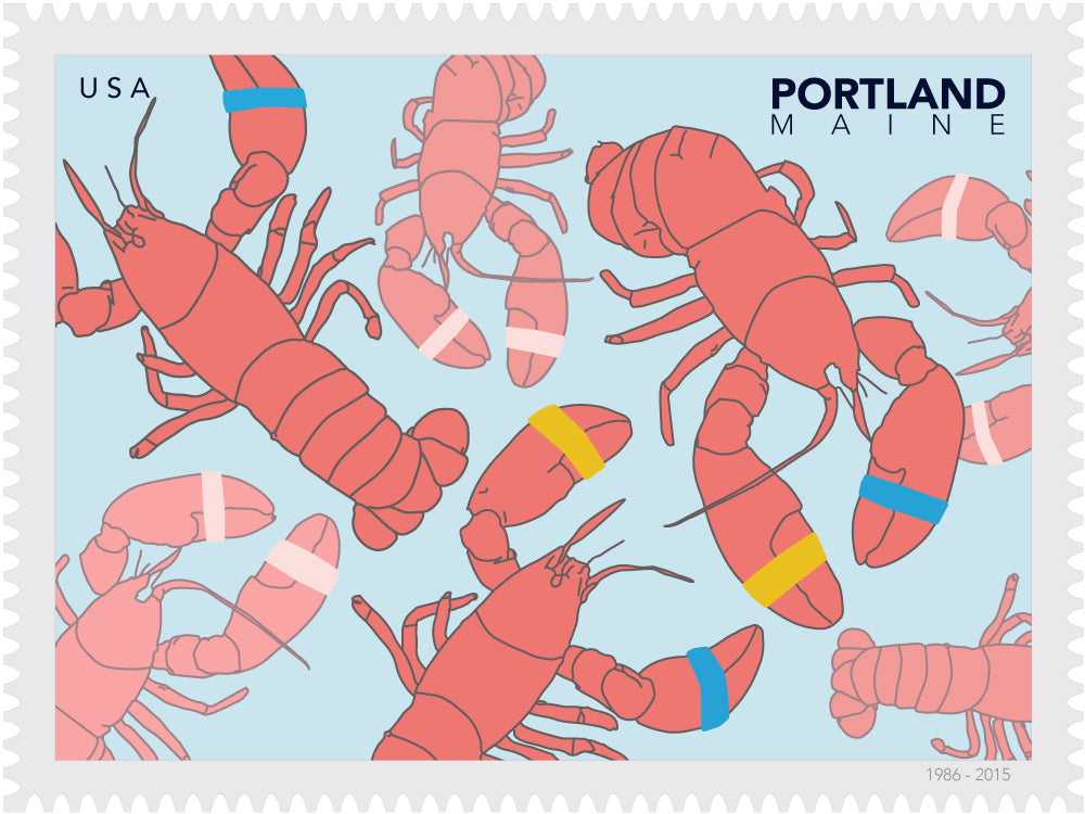 Postage stamps illustration of lobsters with the text Portland, Maine.