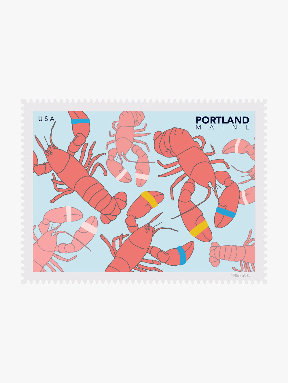 Stylized postage stamp with red lobsters on a light blue background, featuring 'Portland, Maine' text.